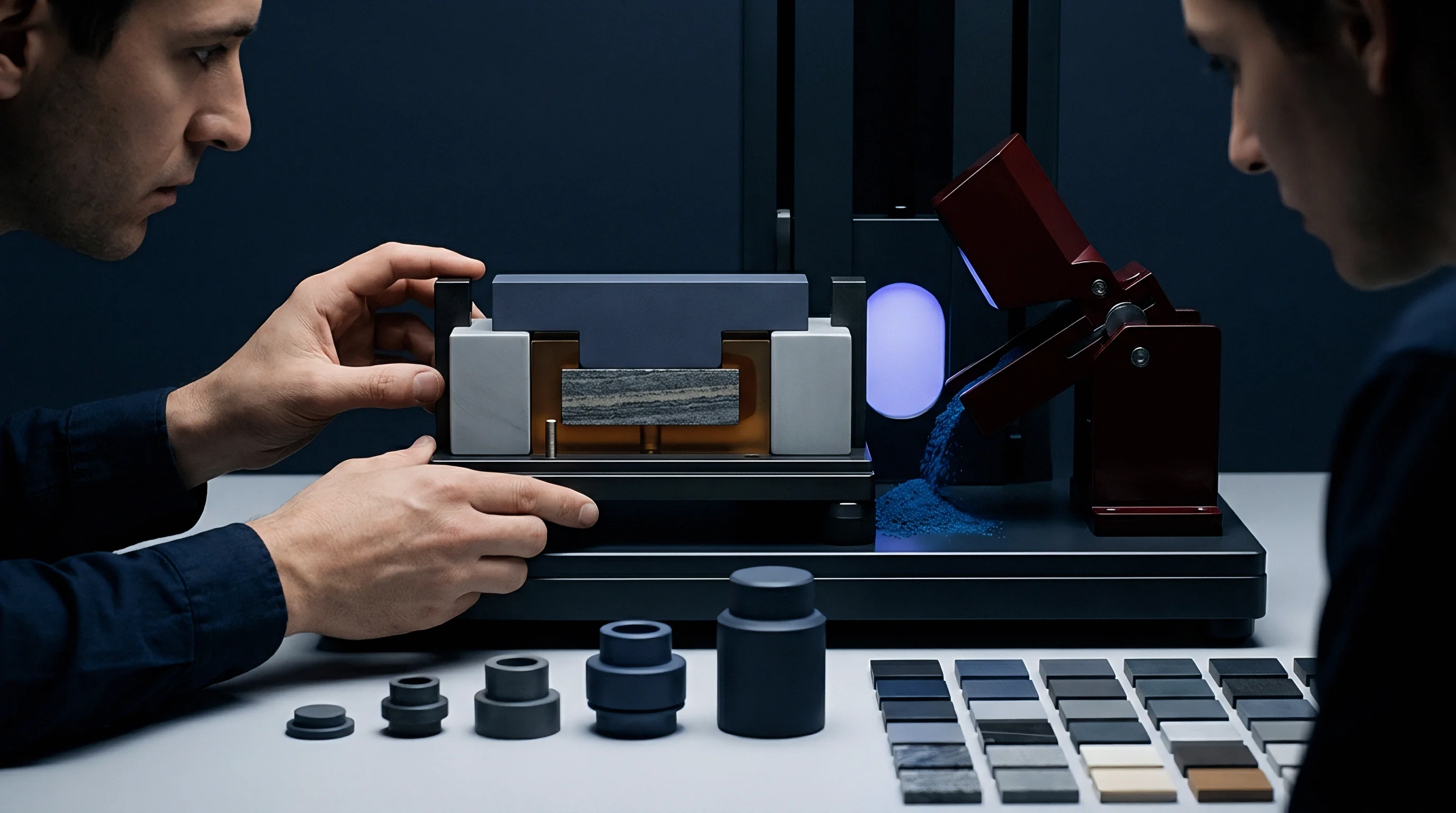 Technicians examine a layered material sample secured inside a precision testing fixture on a laboratory workstation.