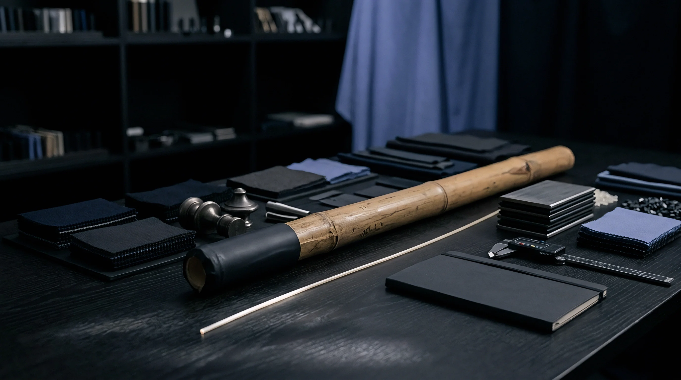 Fabric swatches metal components and a bamboo cylinder rest on a dark production table inside a manufacturing showroom.