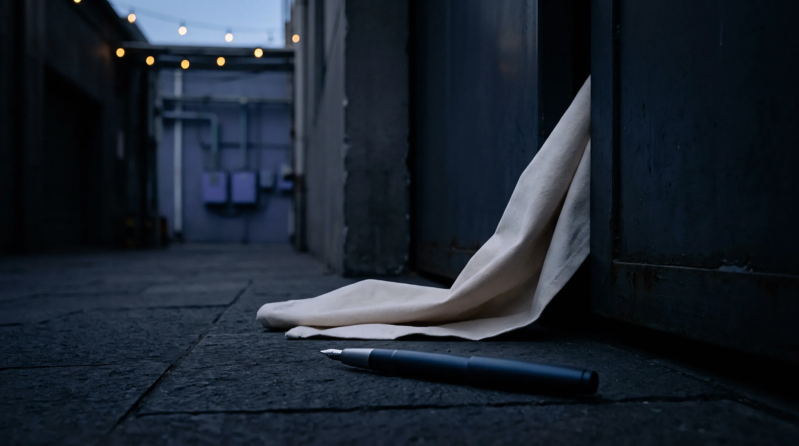 A beige fabric sample extends from heavy metal warehouse doors onto stone pavement beside an executive pen in an industrial alley.