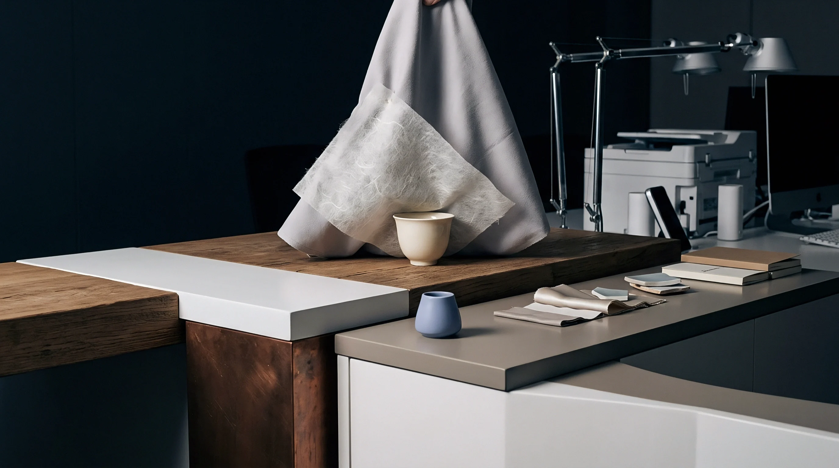 Textile swatches and ceramic sample vessels rest on a wooden review table inside a production sourcing office.