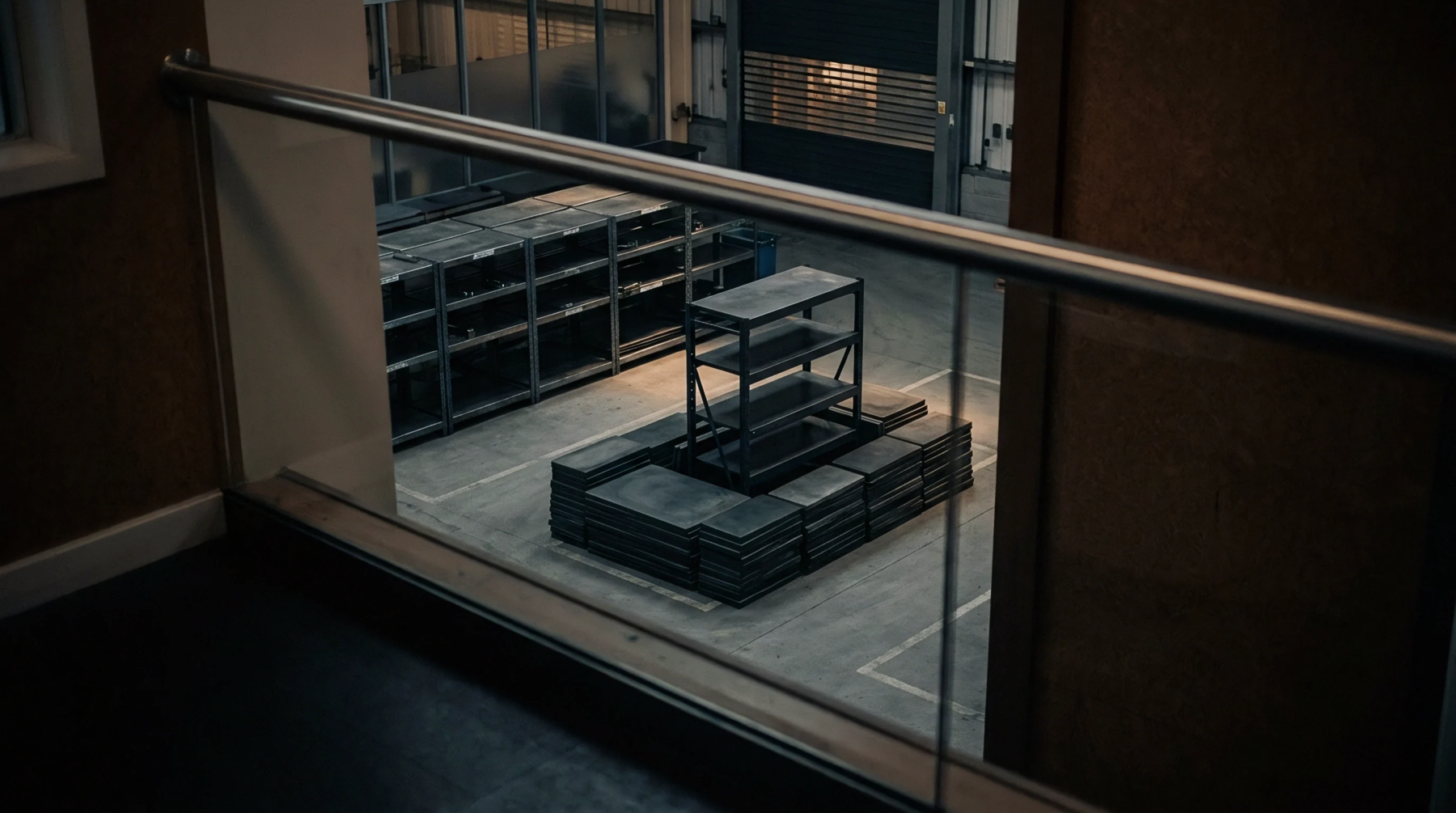 Metal shelving units and stacked steel plates fill an industrial warehouse floor viewed from an upper manufacturing office mezzanine.