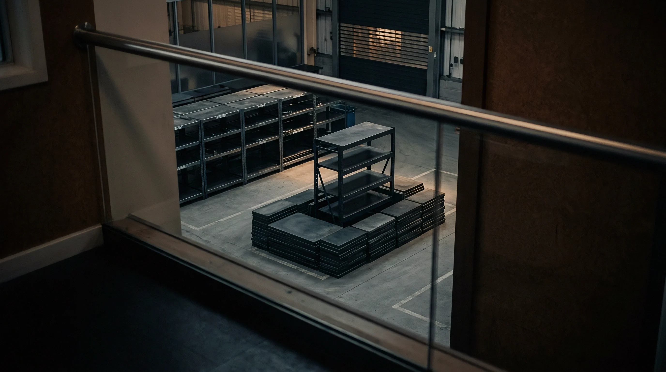 Metal shelving units and stacked steel plates fill an industrial warehouse floor viewed from an upper manufacturing office mezzanine.