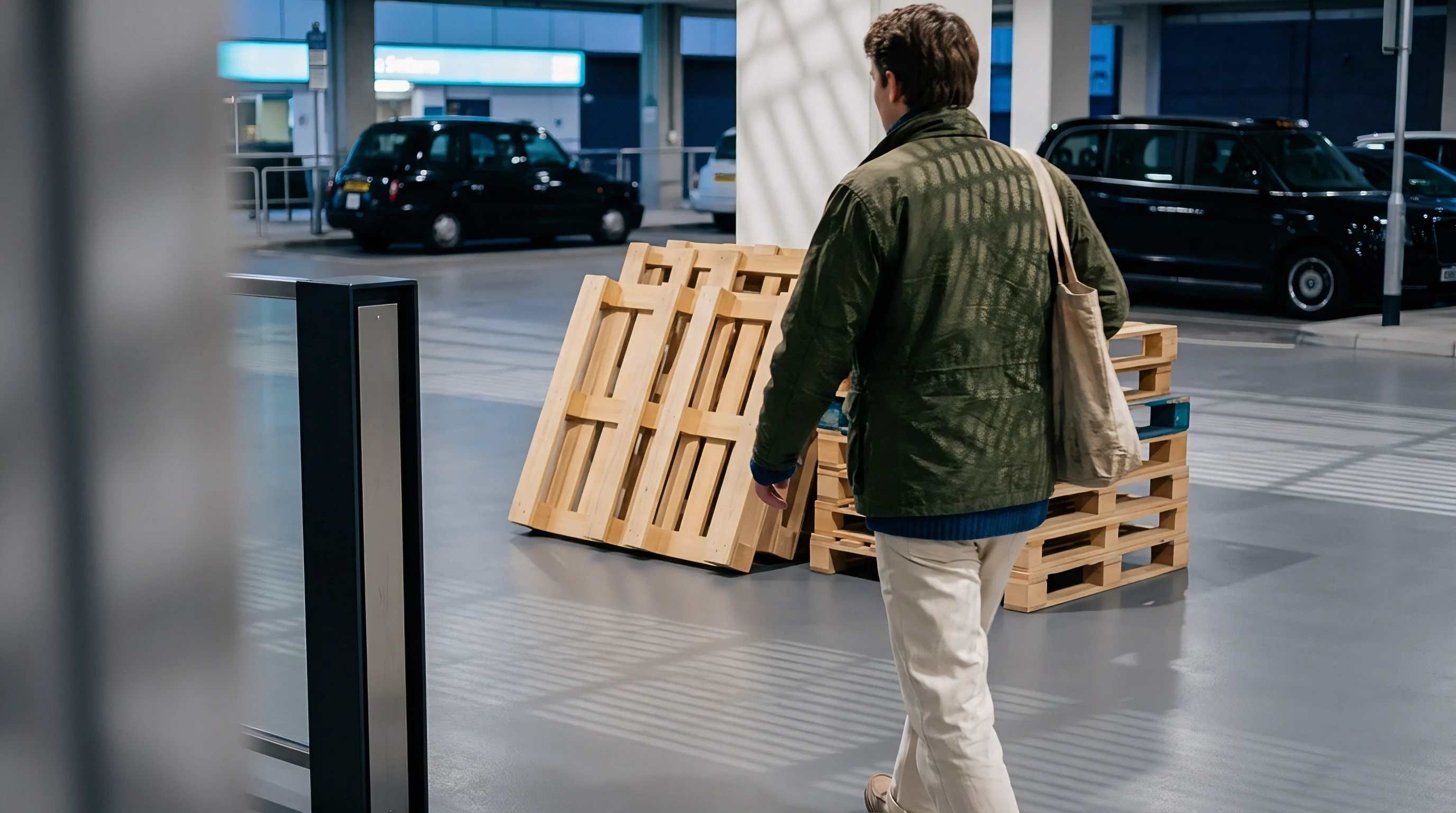 Warehouse personnel walk past stacked wooden pallets positioned on a concrete industrial floor inside a freight distribution hub.