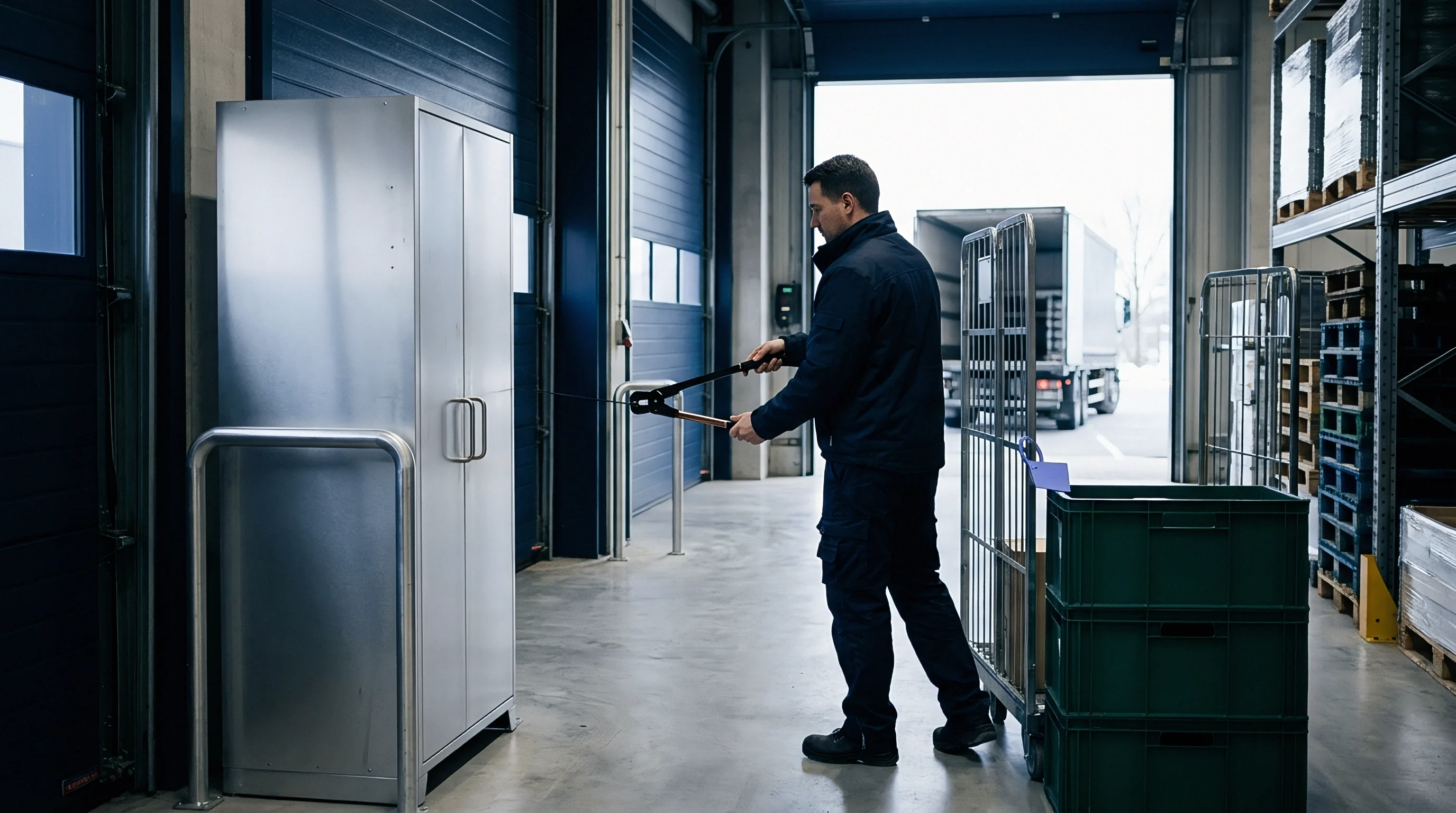 Warehouse operative using hand tools to remove steel strapping from a metal storage cabinet inside a fulfillment facility distribution hub.